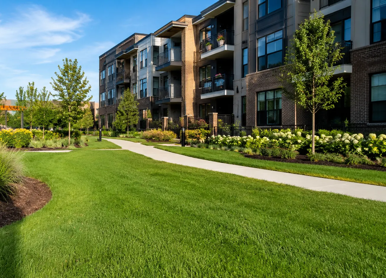 A Seattle apartment complex with a manicured common-area lawn and walkways — the kind of multifamily property Humane Paws services commercially.