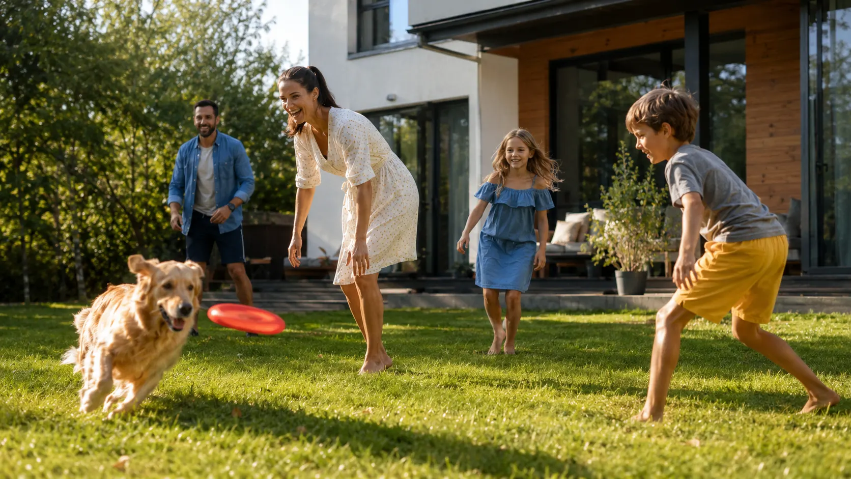 A family playing frisbee with their golden retriever on a healthy green backyard lawn kept clean by Humane Paws pooper scooper service in Seattle.