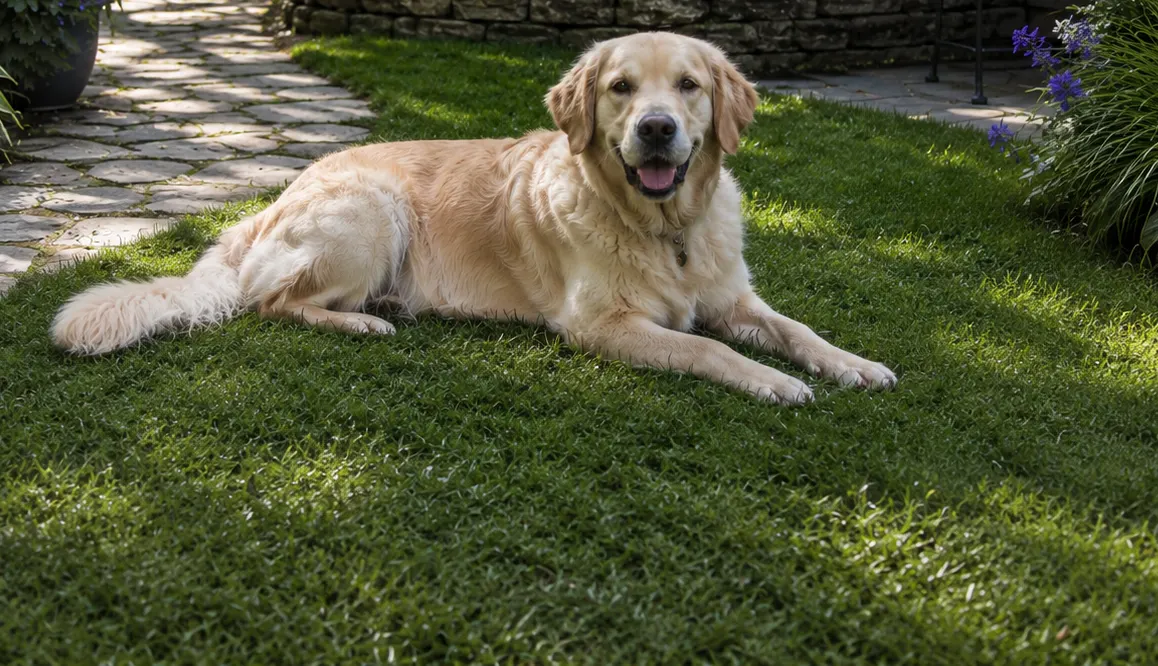 Healthy golden retriever resting in a clean, parasite-free Seattle backyard after Humane Paws yard sanitation service.