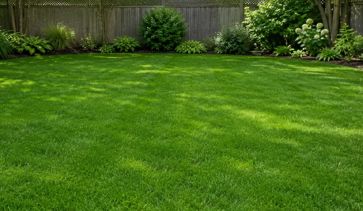 A pristine, fenced Seattle backyard with healthy green grass and lush landscaping — the result of consistent yard sanitation by Humane Paws pooper scooper service.