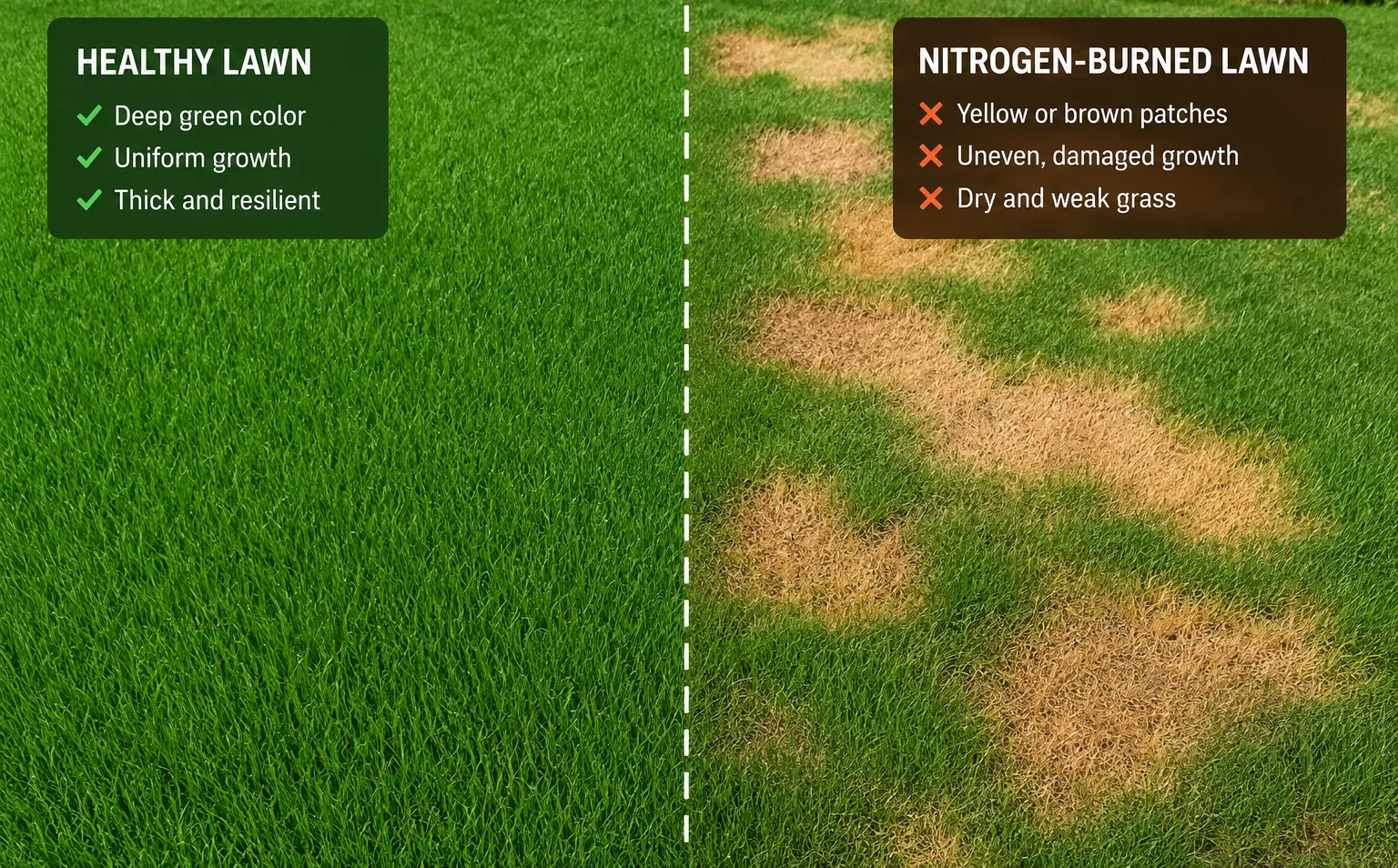 Dog poop lawn burn comparison — healthy green grass beside nitrogen-burned brown patches caused by untreated dog waste. Pooper scooper service prevents lawn damage.