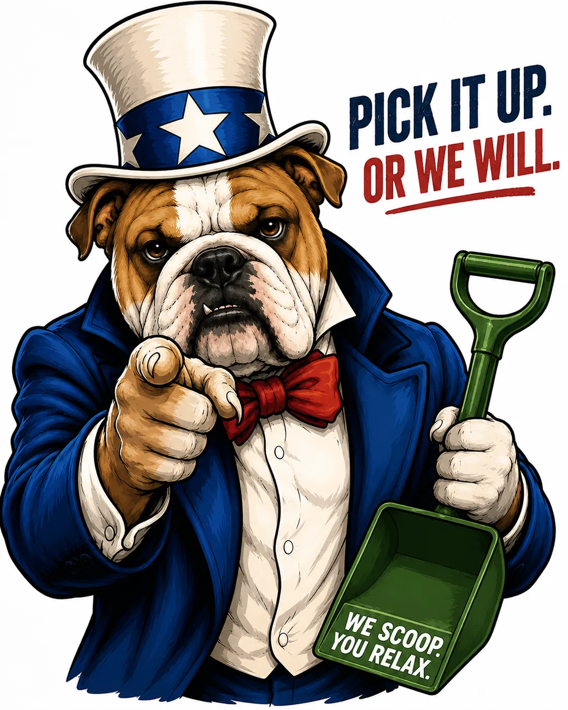 Uncle Sam bulldog pointing — 'Pick it up. Or we will.' Humane Paws pooper scooper and dog poop pickup service.
